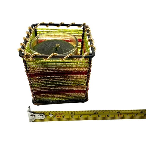 Multicolor Beaded Votive Tea Light Candle Holder With Green Candle Home Decor - Picture 8 of 8